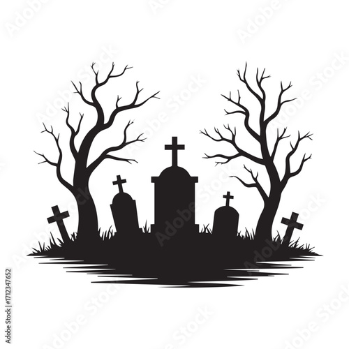 Silhouette of a graveyard with tombstones and dead trees, isolated on white background technology background