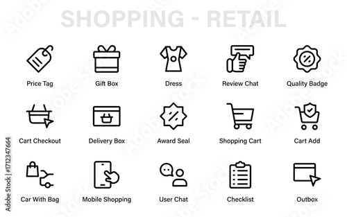 Shopping retail commerce modern line icon set. Professional minimal vector pack with sale, store, customer, trolley, and checkout design icons