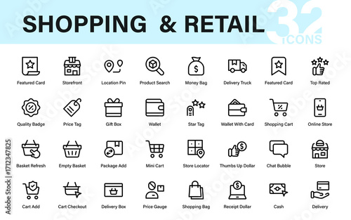 Shopping retail store modern line icon collection. Professional vector pack of minimal sale, bag, cart, cash, and purchase design elements