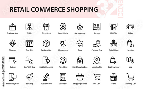 Retail commerce shopping modern line icon pack. Professional vector illustration featuring shop, store, sale, trolley, discount, and transaction symbols