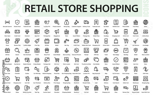 Retail store shopping professional line icon set. Modern minimal vector collection with premium shop, cart, sale, discount, payment, and commerce icons