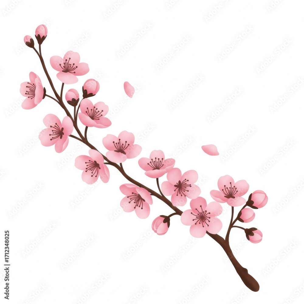 Naklejka premium Delicate Pink Cherry Blossom Branch on White Background Isolated Design
