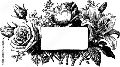 Vintage floral illustration featuring roses and lilies. Detailed black and white design set for decoration, available in vector format.