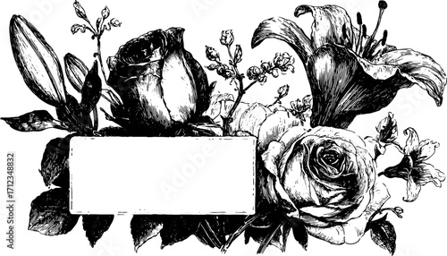Floral illustration featuring roses and lilies in black and white on a detailed frame. A vintage-style vector set showcasing botanical elements.