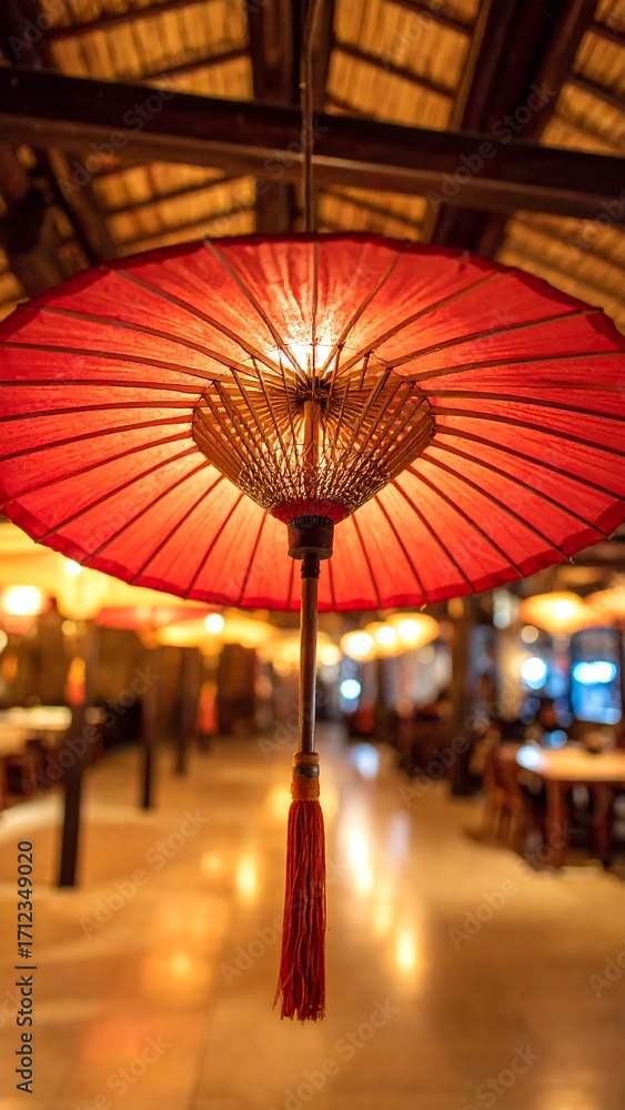 Fototapeta premium Red umbrella hanging indoors