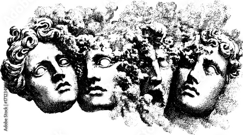 Ancient statue head, detailed monochrome vector illustration showcasing classical craftsmanship and historical significance.