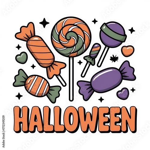 Illustration of halloween candy illustration isolated on white background featuring lollipops, wrapped sweets, hearts, and stars in cartoon style