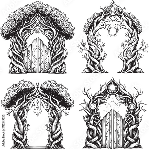 “Hand-drawn mystical elven doorway set with forest and rune engraving elements222.037Z