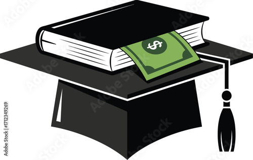 Academic cap symbolizes financial burden of tuition with money inside the book for education