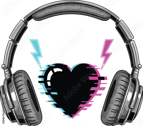 Rock out with headphones and a heart showing love for music with an electric energy surge