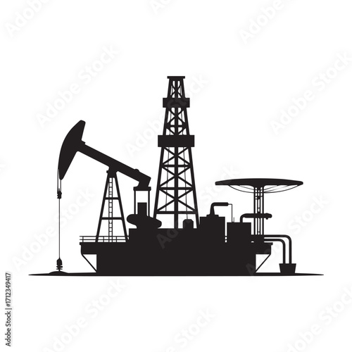 Silhouette of an oil drilling rig and pump jack, isolated on a white background, symbolizing the petroleum industry technology background
