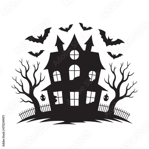 Silhouette of a spooky haunted house with bats flying around, isolated on white background technology background