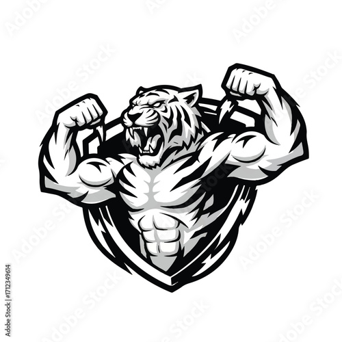 A stylized illustration of a muscular tiger flexing its biceps, roaring fiercely.