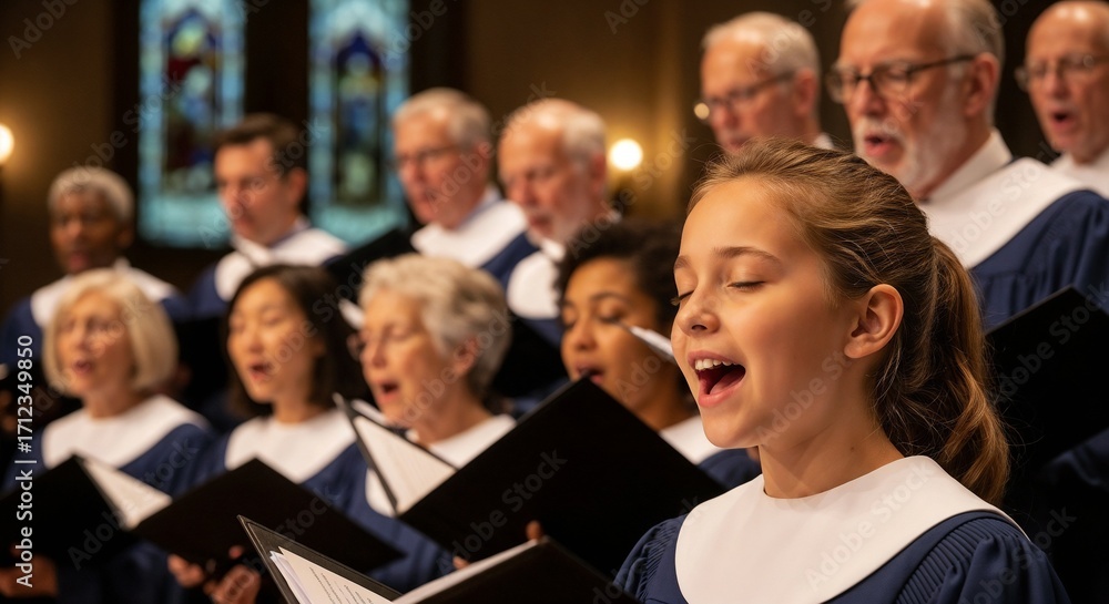 Obraz premium Choir of children and adults singing joyfully on stage.
