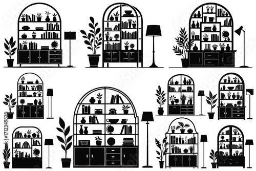 Black silhouette arched bookshelves with plants and lamps