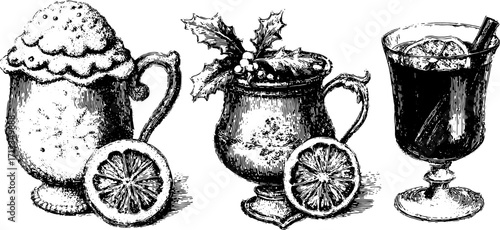 Vintage cocktail drinks illustration in a set featuring three glass styles with creamy and citrus beverages. Detailed vector illustration of holiday refreshments.
