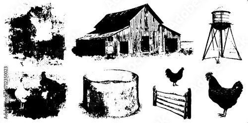 Barn and chicken illustrations in black and white. Rural farm vector set with animals and structures for an agricultural theme.