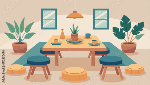 A dining area with a low wooden table and floor cushions for seating surrounded by potted plants.