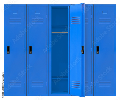 Konstfotografi Front view empty five blue lockers in the high school