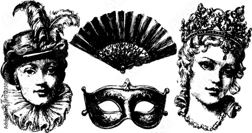 Illustration of vintage characters with a mask and fan. Detailed vector art set featuring elegant design in black and white.