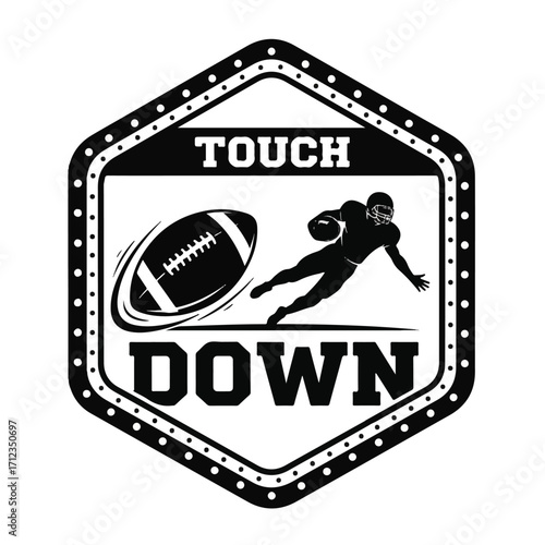 Black and white illustration of a football player diving toward the end zone, with a football in motion.