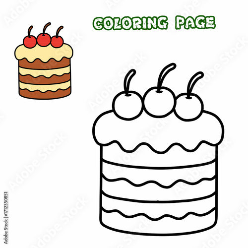 Cake with Cherries Coloring Page for Kids