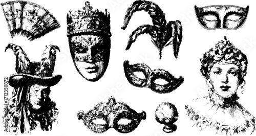 Illustration of masks and costumes showcasing vintage designs. Elegant and detailed vector illustration set for theatrical and cultural contexts.