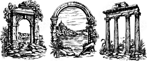 Illustration of ancient arches and buildings. Black and white vector illustration featuring classical structures in a scenic landscape.