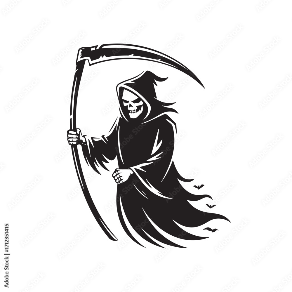 Fototapeta premium The grim reaper with a scythe, a dark figure of death, isolated on white background technology background