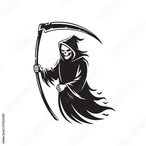 The grim reaper with a scythe, a dark figure of death, isolated on white background technology background
