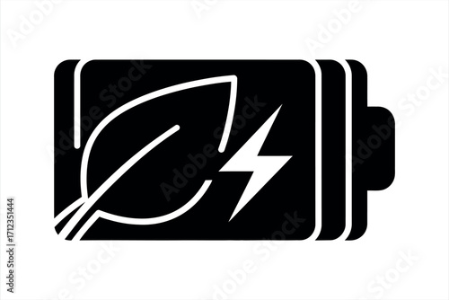 Black battery icon with white leaf and lightning bolt symbol energy power