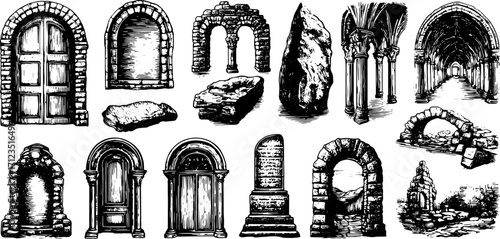 Building architecture in a detailed vector illustration. Features a historical set of doors, arches, and columns in black and white.