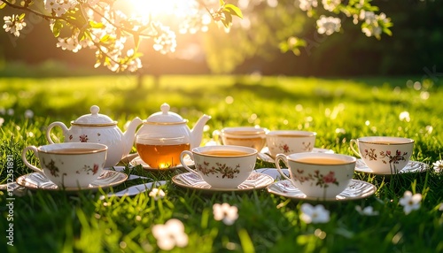 Arranged Tea Set for Afternoon Tea in a Sunlit Meadow