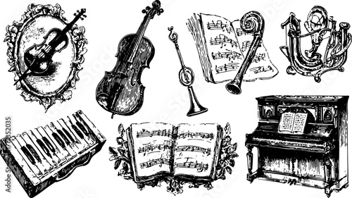 Illustration of various musical instruments including violin, trumpet, and piano in a vintage style. This black and white vector set highlights musical notes.
