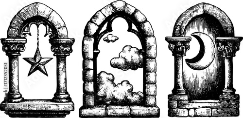 Intricate stone archways featuring a star, clouds, and a moon. Detailed vector illustration set capturing ornamental architectural elements.