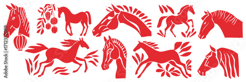 Year of the horse chinese new year papercut style symbols with traditional red decorative horse illustrations