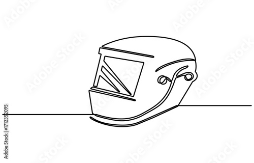 Continuous one line drawing of welding mask. Industry, protection concept. Editable stroke vector.