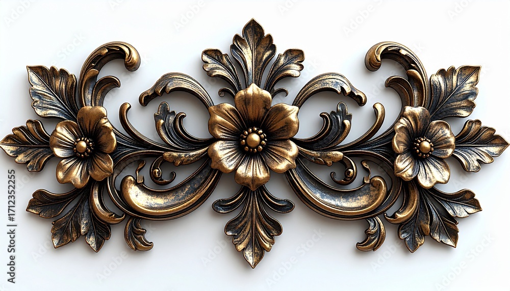 Fototapeta premium an elegant old brass baroque floral flourish with ornate leaves and high-relief carving, vintage antique decorative design in classic rococo style