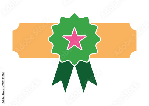 Colorful award ribbon with a star. A simple flat design prize badge for celebrating success, achievement, and first place, with a blank banner for text.