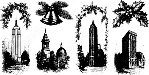 Vintage city buildings and holiday elements in black and white. Detailed vector illustrations include skyscrapers, bells, and holly in a decorative set.