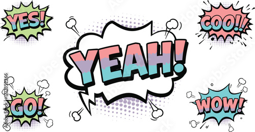 Comic Style Expression Graphic – “YEAH!” with Surrounding Speech Bubbles: “YES,” “COOL,” “GO,” and “WOW”