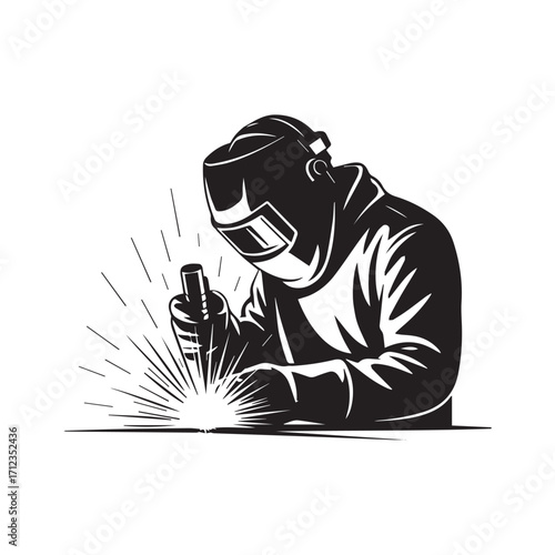 Welder wearing a mask and protective clothing, welding metal with sparks, isolated on white background technology background