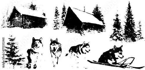 Dogs, particularly huskies, are illustrated in a winter landscape featuring a cabin and snowy trees. This is a vector illustration highlighting nature.