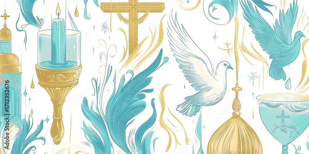 Naklejka premium A tranquil vector pattern featuring elegant Christian symbols, with graceful doves and ornate floral designs in rich blue and gold