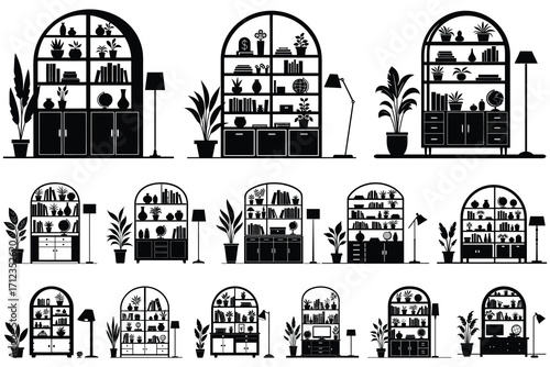 Collection of black silhouette arched bookshelves with plants and lamps