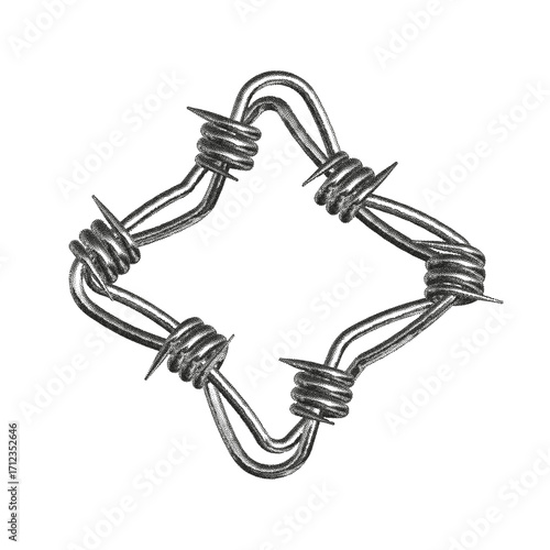 Punk rock influenced military style iron frame showcasing barbed wire design with noise and grain effects.