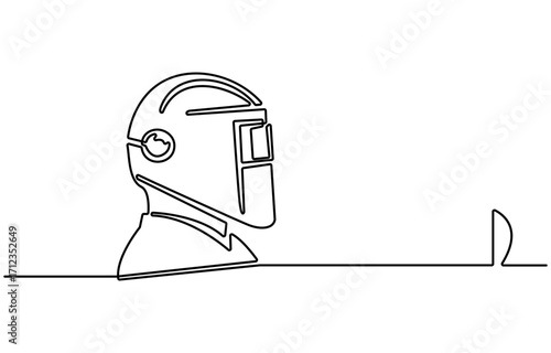 Continuous one line drawing of welding mask. Industry, protection concept. Editable stroke vector.