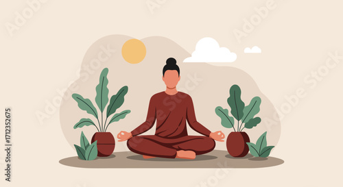 Serene figure meditating amidst lush plants, embodying tranquility and mindfulness practice for inner peace and calm