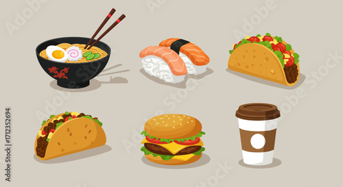A delightful collection of popular international fast food and street food items, featuring ramen, sushi, tacos, burgers, and a coffee cup, perfect for diverse culinary themes and menu designs