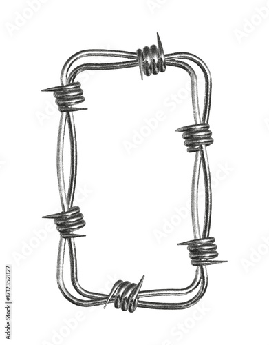 Barbed wire forms a bold rectangular frame, showcasing a punk rock vibe. The noisy and grainy texture adds an edgy atmosphere, enhancing the metal elements.